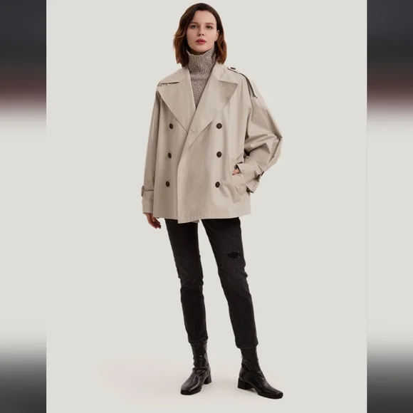 🆕 Gentle Herd Double Breasted Short 100% Cotton Trench Coat in Sand - Picture 2 of 10
